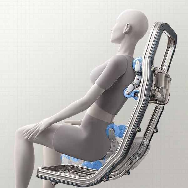 SL-Track massage chair rail mechanism extending from neck to lower back with roller detail